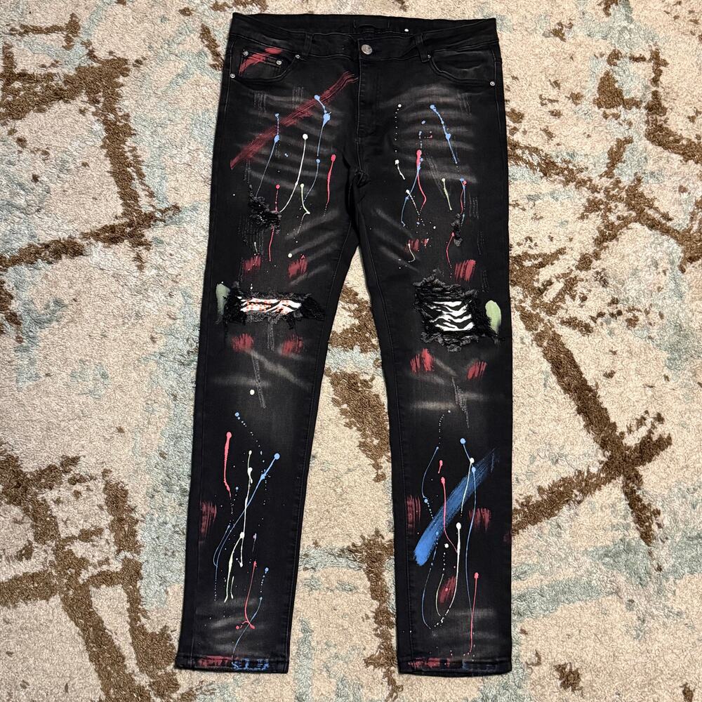 Amiri Distressed Paint Splatter Jeans Size 36 Slim Fit Designer Zebra Print